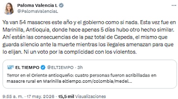 Paloma Valencia denunció 54 masacres en 2026 y criticó la falta de respuesta del gobierno - crédito @PalomaValenciaL/X
