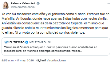 Paloma Valencia denunció 54 masacres en 2026 y criticó la falta de respuesta del gobierno - crédito @PalomaValenciaL/X