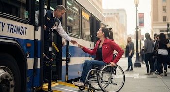 Mujer en silla de ruedas junto a rampa de acceso de autobús azul y blanco. Conductor del autobús ofrece ayuda. Personas transitan en segundo plano.