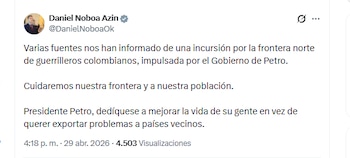 El presidente de Ecuador, Daniel Noboa Azin, aseguró que el Gobierno colombiano habría impulsado una incursión de guerrillas en la frontera - crédito @DanielNoboaOk/X