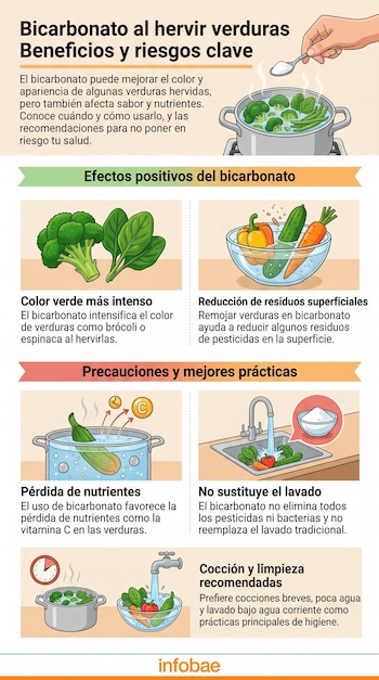 Infografía educativa sobre bicarbonato de sodio y verduras, mostrando una mano añadiéndolo a una olla, brócoli, espinacas, verduras en remojo, un fregadero y métodos de cocción.