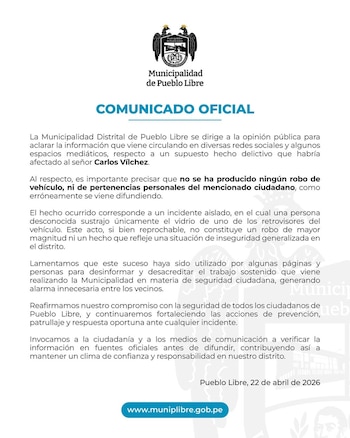 Comunicado oficial de la Municipalidad de Pueblo Libre