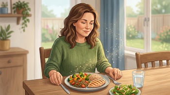 Ilustración de una mujer con suéter verde sentada a la mesa frente a un plato con vegetales, lentejas, arroz, pollo, ensalada y un vaso de agua.