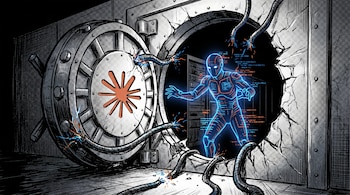 Ilustración de una figura digital azul que sale de una bóveda metálica abierta con cables rotos y el logotipo de Anthropic en la puerta.