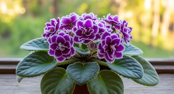 Una planta de violeta africana con múltiples flores moradas y blancas, hojas verdes aterciopeladas y tallos. La maceta está sobre una superficie de madera.