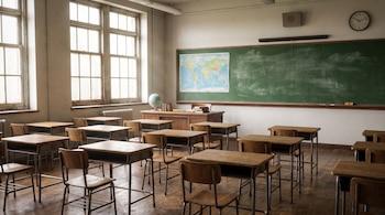 Salón de clases vacío, pupitres de madera, sillas de madera, pizarrón verde, mapa mundial, globo terráqueo, escritorio, libros, ventanas grandes, reloj.