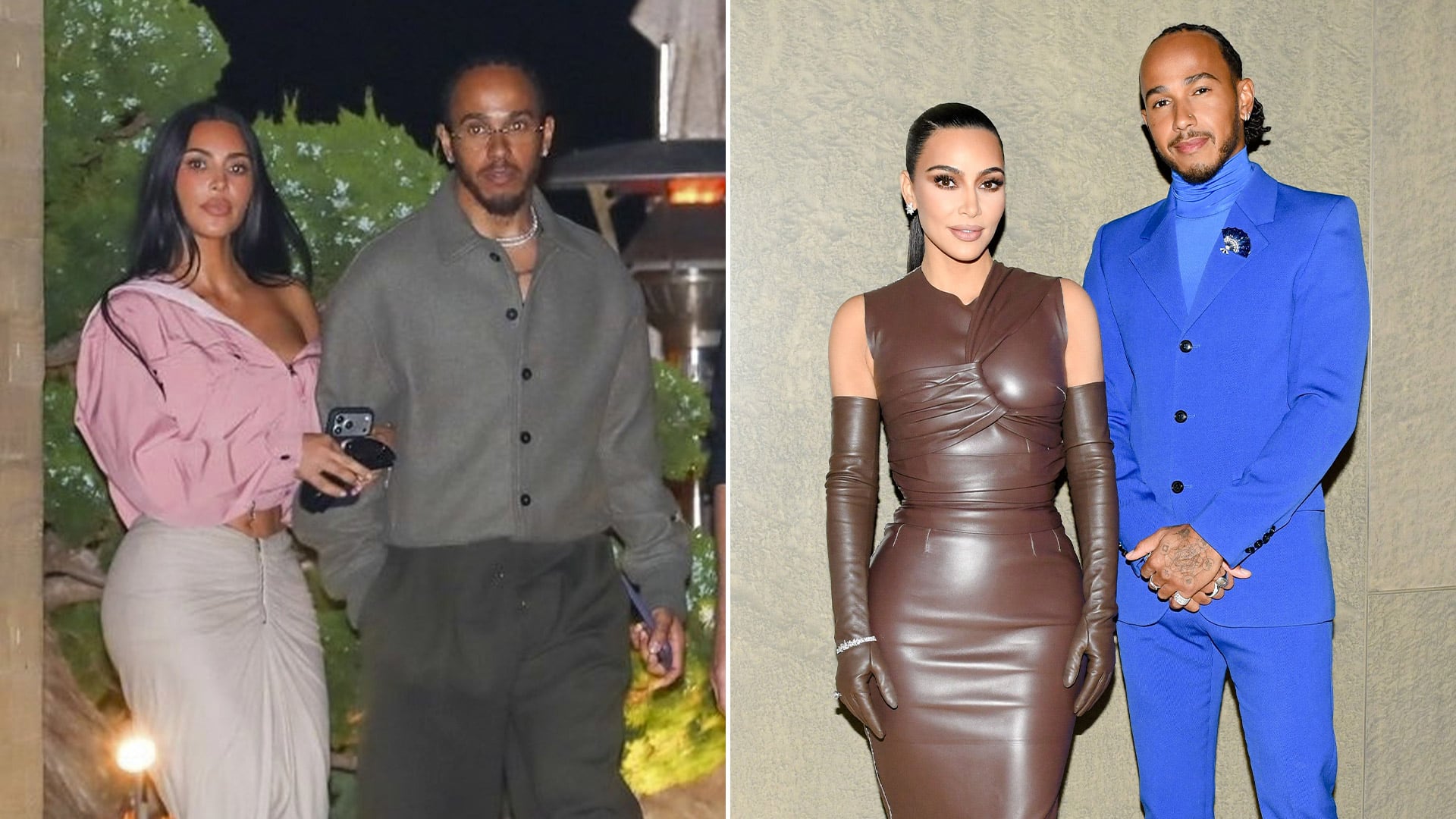 El dominio de los materiales como cuero y denim distingue cada aparición pública de Kim Kardashian y Lewis Hamilton