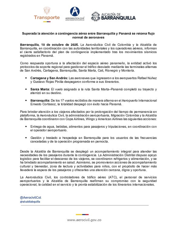 Volvieron a la normalidad los vuelos entre Barranquilla y Ciudad de Panamá, tras la contingencia por el terremoto que afectó a los pasajeros - crédito Aeronáutica Civil