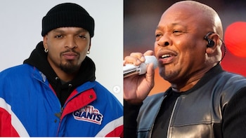 Dos fotografías juntas: un hombre con gorro negro a la izquierda y Dr. Dre cantando con un micrófono a la derecha
