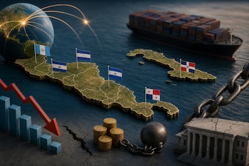 Mapa con banderas de seis países, un globo terráqueo con rutas, un barco de carga, monedas con una bola de hierro y un gráfico descendente.