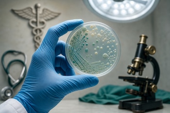 Una mano con guante azul sostiene una placa de Petri con bacterias, junto a un microscopio antiguo, un estetoscopio y un caduceo en el fondo.