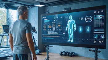 Hombre de espaldas en gimnasio frente a pantalla que muestra datos de salud, holograma corporal y gráficos. Mancuernas y cintas de correr en el fondo.
