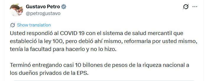 Petro cuestionó el modelo de atención implementado durante la pandemia, al que calificó como un sistema “mercantil” sustentado en la Ley 100 de 1993 - crédito @petrogustavo/X
