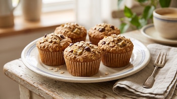 Cinco muffins con copos de avena y chispas de chocolate sobre un plato blanco, junto a un tenedor y una taza.