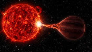 Una enana roja incandescente conectada por un hilo de plasma a una enana marrón con forma de gota en medio del espacio estrellado