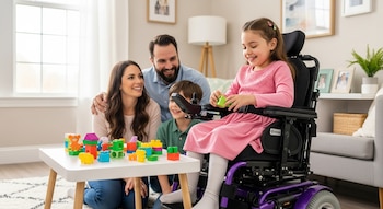 Niña sonriente en silla de ruedas púrpura juega con bloques de colores en mesa baja. Padres y hermano la observan en sala de estar luminosa.