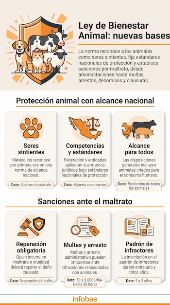 Infografía sobre la Ley de Bienestar Animal con un escudo con animales, un mapa de México y varios iconos con texto explicativo.
