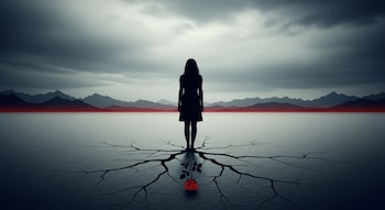 Silueta de mujer de espaldas sobre tierra agrietada de la que emerge una rosa roja, bajo un cielo nublado y montañas con una línea roja en el horizonte.