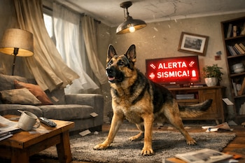 Perro Pastor Alemán alerta en sala de estar caótica con cortinas al viento; la TV muestra 'ALERTA SÍSMICA!' en pantalla roja brillante.