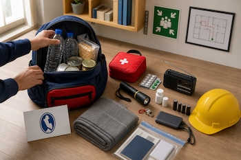 Manos acomodan botellas en una mochila junto a víveres, un botiquín, una linterna, una radio, pilas, documentos, una manta y un casco amarillo.
