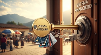 Una llave dorada con texto "Cuenta Bancaria" en una cerradura de puerta con texto "Sistema Financiero". Tarjetas de crédito, monedas, personas y montañas.