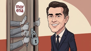 Caricatura de Sergio Mayer, actor y político mexicano, de medio cuerpo, sonriendo, junto a una puerta de madera con el logo de Morena, cerrada con un candado por varias manos.