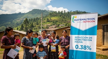 Varias mujeres indígenas y niños en un pueblo, posando junto a un cartel de 'Guatemaltecos por la Nutrición' con el texto 'Reducción de Desnutrición Aguda: 0.38%'.