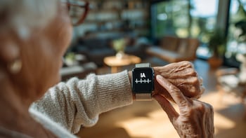 Adulto mayor utilizando una tablet con expresión de concentración