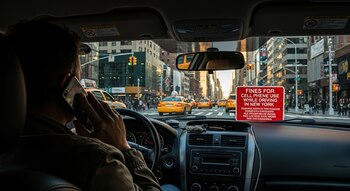 Vista interior de un coche, un conductor usa su celular al volante en una calle con taxis amarillos en Nueva York; un cartel rojo de advertencia está en el salpicadero.