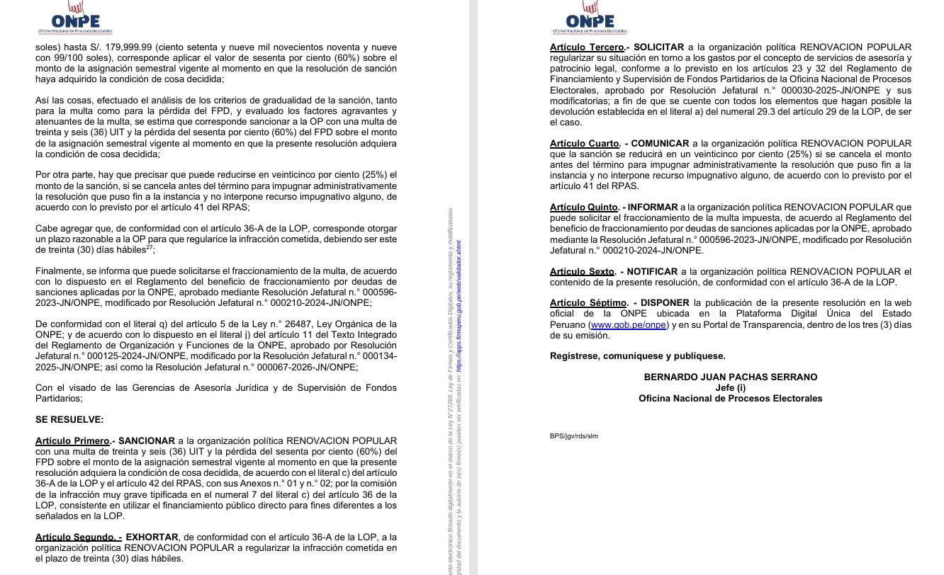 La Oficina Nacional de Procesos Electorales de Perú sanciona al partido Renovación Popular por el uso indebido del financiamiento público directo.