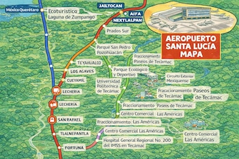 Mapa ilustrado con rutas de transporte y puntos clave como Lechería, Tlalnepantla y el Aeropuerto Santa Lucía (AIFA), rodeado de vegetación.