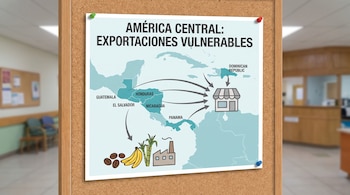 Cartel en corcho con un mapa de América Central, el título Exportaciones vulnerables, flechas hacia una tienda e íconos de cultivos.