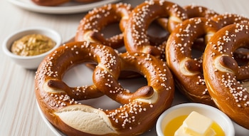 Un plato blanco con varios pretzels blandos de corteza dorada y sal gruesa. Hay recipientes pequeños de mostaza y mantequilla derretida en una mesa de madera clara.