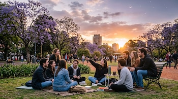 Jóvenes sentados sobre el césped y en un banco de madera en un parque con jacarandás morados, edificios al fondo y un atardecer.