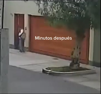 Persona de pie frente a una puerta y un portón grande, junto a un árbol en la calle. Imagen de cámara de seguridad con texto "Minutos después"