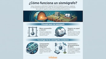 Infografía con título y texto explicativo. Muestra la Tierra, ondas sísmicas, un sismógrafo antiguo, masa suspendida, cilindro de registro, componentes electrónicos y equipos de transmisión de datos. Logotipo de Infobae.