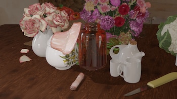 Un jarrón blanco con rosas, una botella ámbar con kenzan, un juego de té, un trozo de coliflor, carne curada y un cuchillo sobre una mesa de madera