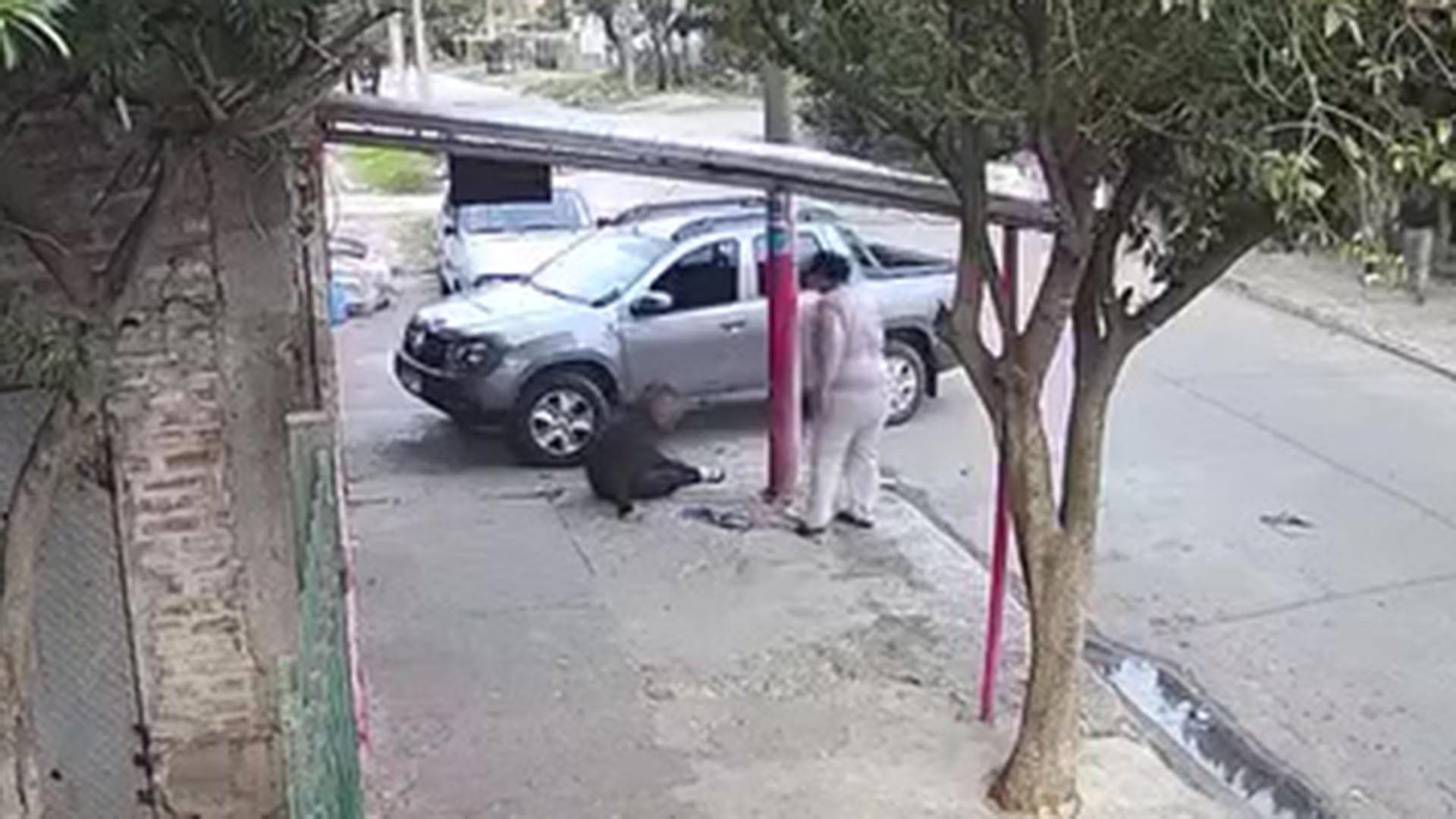 La imagen captura el momento en que una persona yace herida en el suelo, resistiéndose a un robo en La Matanza, mientras otra persona permanece de pie junto a una camioneta. (Captura de video)