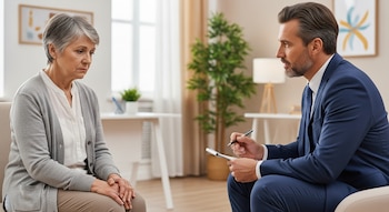 Mujer de edad avanzada con cabello gris sentada frente a un hombre con traje, quien escribe en un cuaderno. Están en una sala de consulta luminosa.