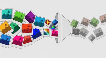 Ilustración digital con un embudo. Imágenes vibrantes tipo polaroid entran por la izquierda, algunas raras se atascan, y menos imágenes desaturadas salen por la derecha.