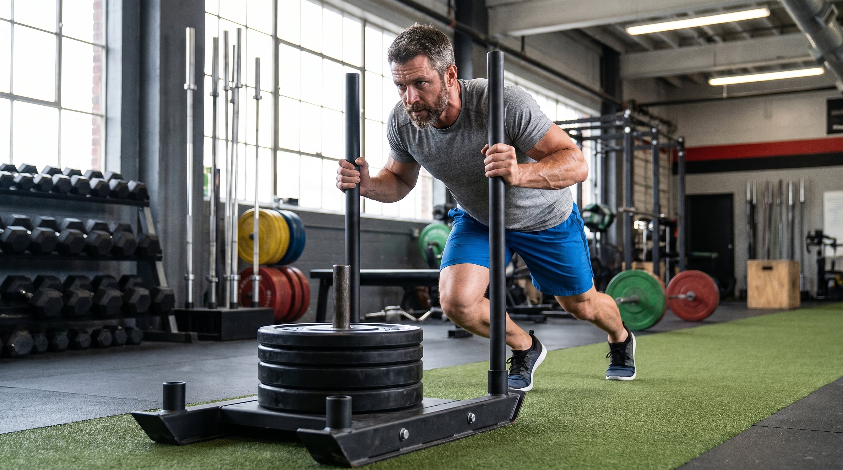 El empuje de trineo es un movimiento de alta intensidad con menor impacto articular, orientado a mejorar la resistencia y la fuerza de las piernas (Imagen Ilustrativa Infobae)