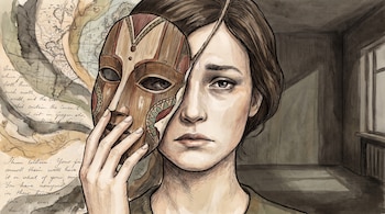 Ilustración de una persona que sostiene una máscara de madera sobre medio rostro, con un mapa a la izquierda y una ventana a la derecha.