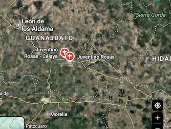 El dos áreas del minicipio de Juventino Rosas fueron halladas los cuerpos sin vida de cinco mujeres reportadas como desaparecidas Foto: Maps