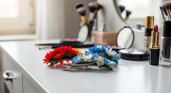Tres ganchos de pelo con flores artificiales rojas, azules y blancas sobre un tocador blanco con cosméticos, pinceles y un espejo al fondo.