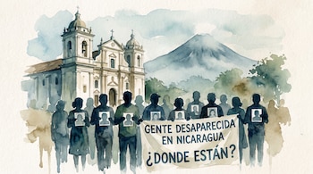 Ilustración en acuarela de siluetas de personas con carteles y una pancarta que dice 'Gente desaparecida en Nicaragua ¿Dónde están?', con una iglesia y un volcán al fondo.