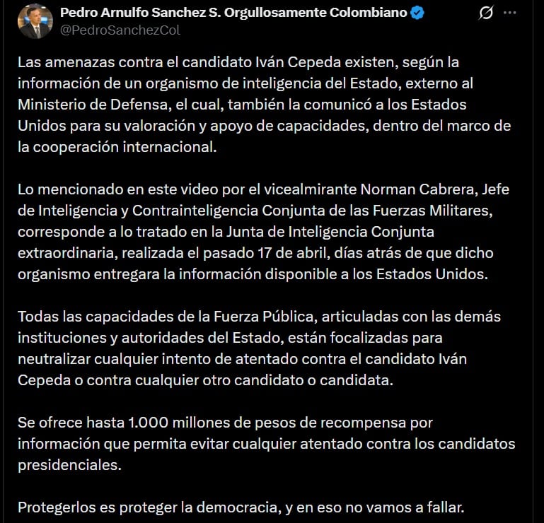 El ministro Pedro Sánchez explica que la alerta proviene de un organismo de inteligencia estatal externo al Ministerio de Defensa colombiano - crédito @PedroSanchezCol / X