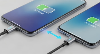 Dos celulares sin botones conectados entre sí por un cable USB, mostrando carga entrante y saliente en pantalla.