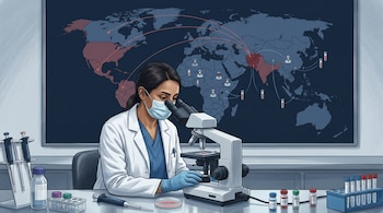 Una mujer con bata y mascarilla observa un microscopio junto a tubos de ensayo, frente a un mapa mundial con líneas de conexión y marcadores.