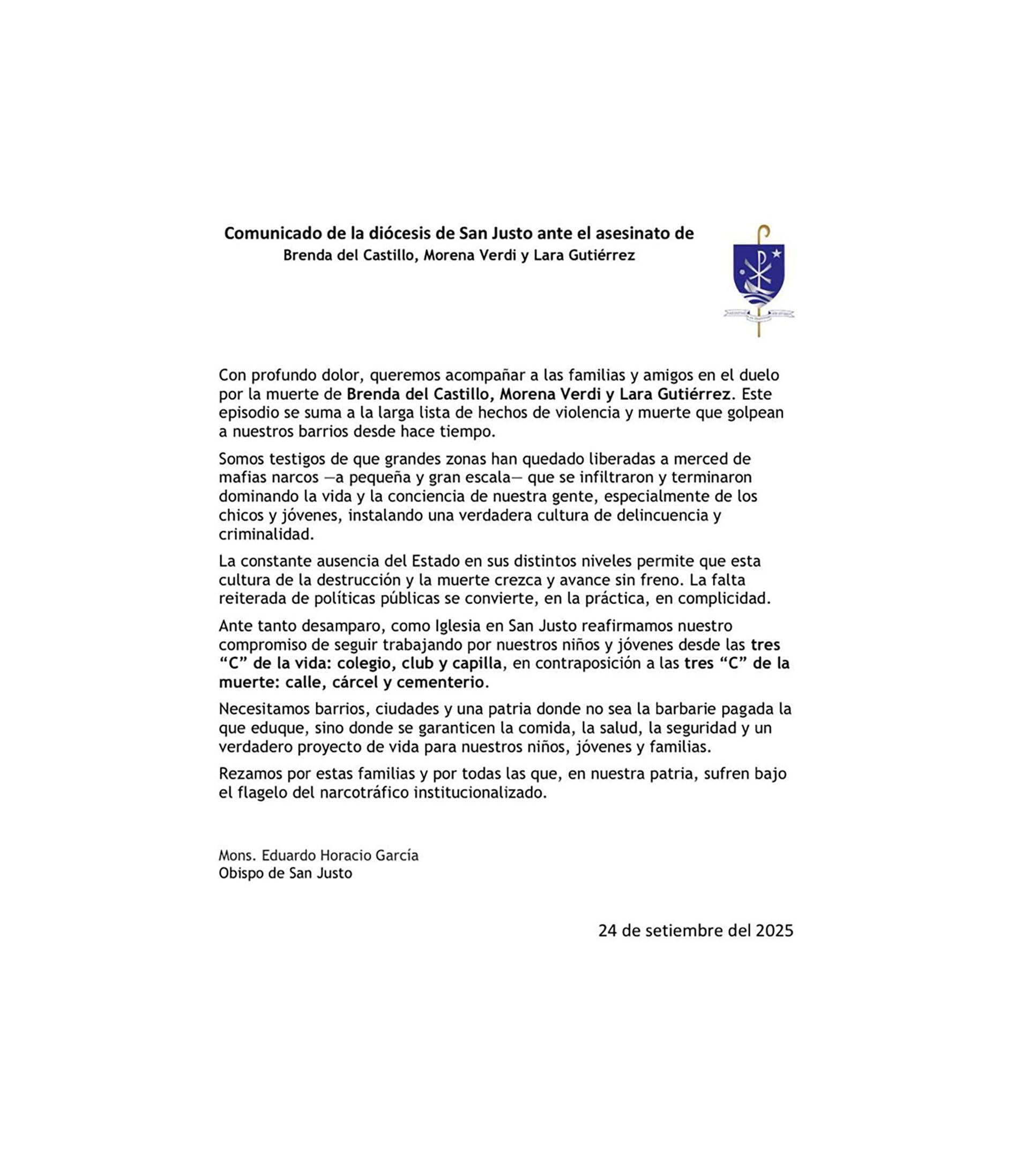 Comunicado de la diócesis de San Justo tras el asesinato de Brenda del Castillo, Morena Venadi y Lara Gutiérrez