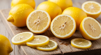 Limones enteros, limones partidos por la mitad, limones en rodajas y gotas de agua se disponen sobre una tabla de madera.